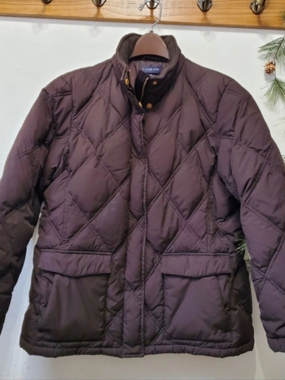 Lands End Diamond Quilted Puffer Jacket Down Insulated Deep Brown